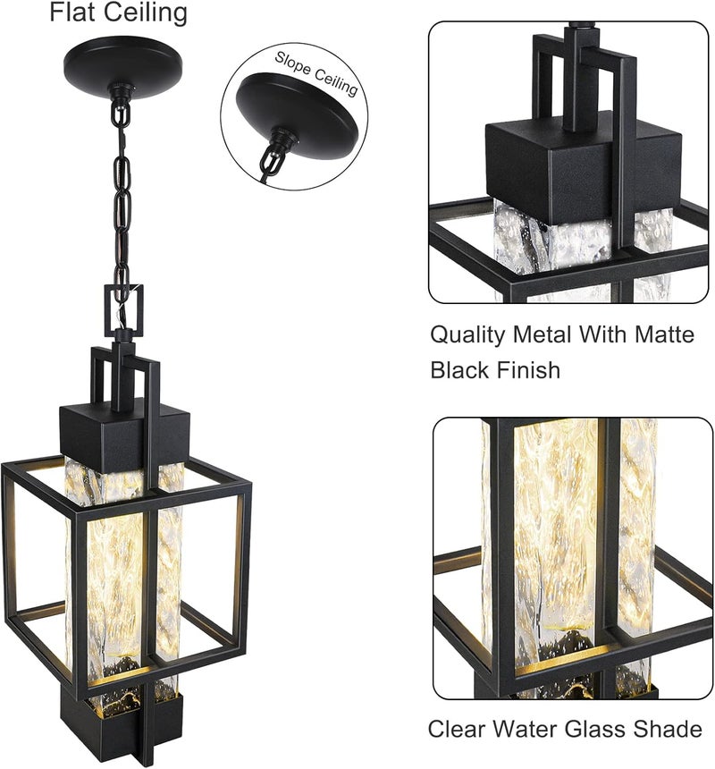 PARTPHONER 15" Outdoor Indoor Pendant Light Exterior Hanging Lantern, Modern Black Metal Outside Chandelier Light Fixture Ceiling Mount with Water Glass for Front Porch Entrance Foyer Entryway (Bulb Included) - Image 5